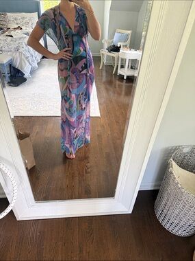 Zara Purple Blue Green Abstract Print Maxi Dress